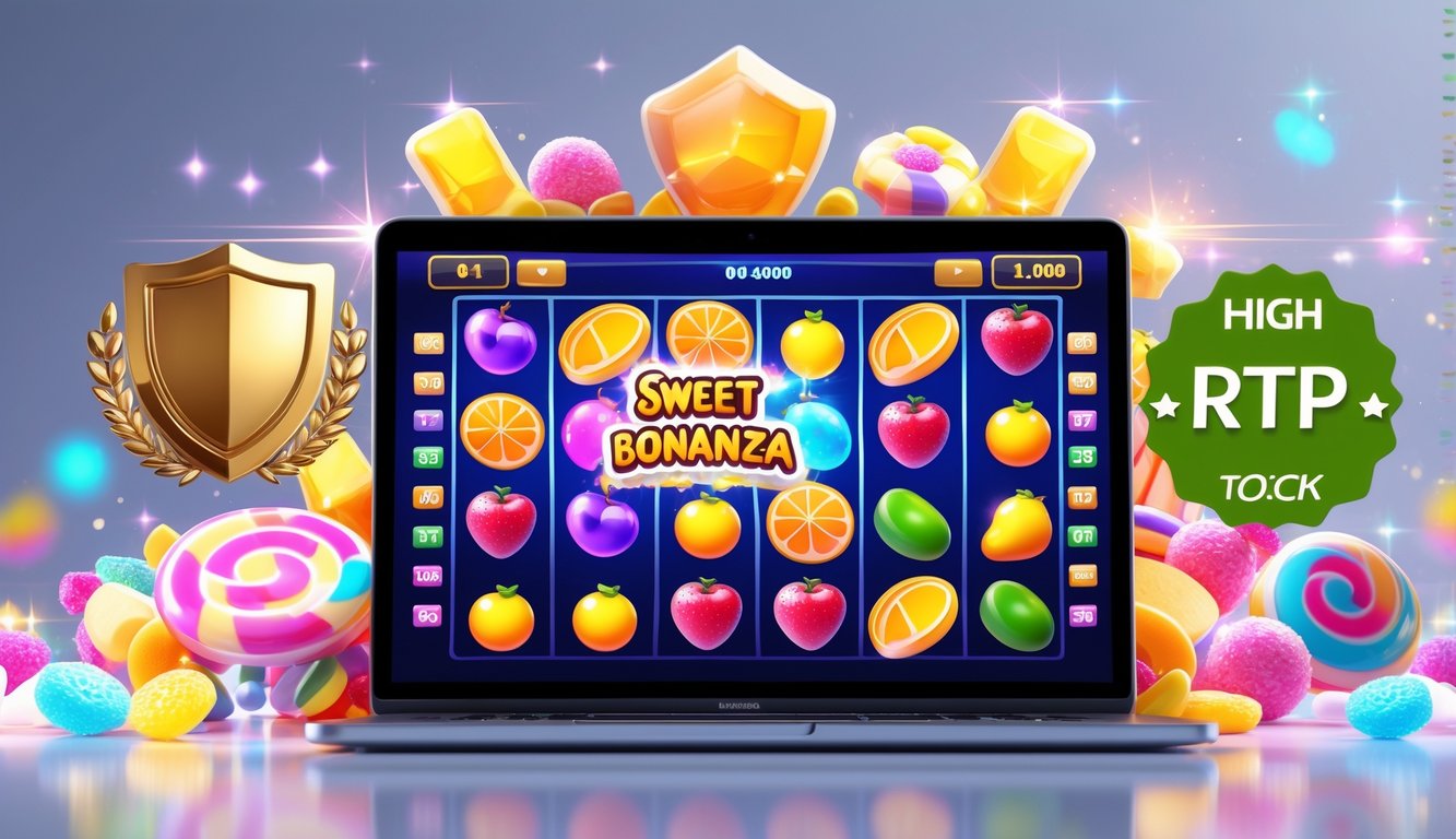 Sebuah komputer menampilkan permainan slot online dengan simbol buah dan permen, dikelilingi oleh ikon yang menunjukkan kepercayaan dan bonus besar.