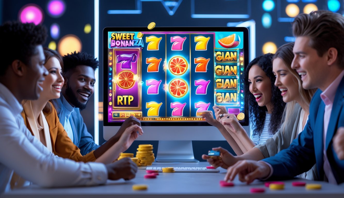 Sekelompok orang muda sedang bermain permainan slot online dengan layar komputer yang menampilkan simbol permen dan buah berwarna-warni.