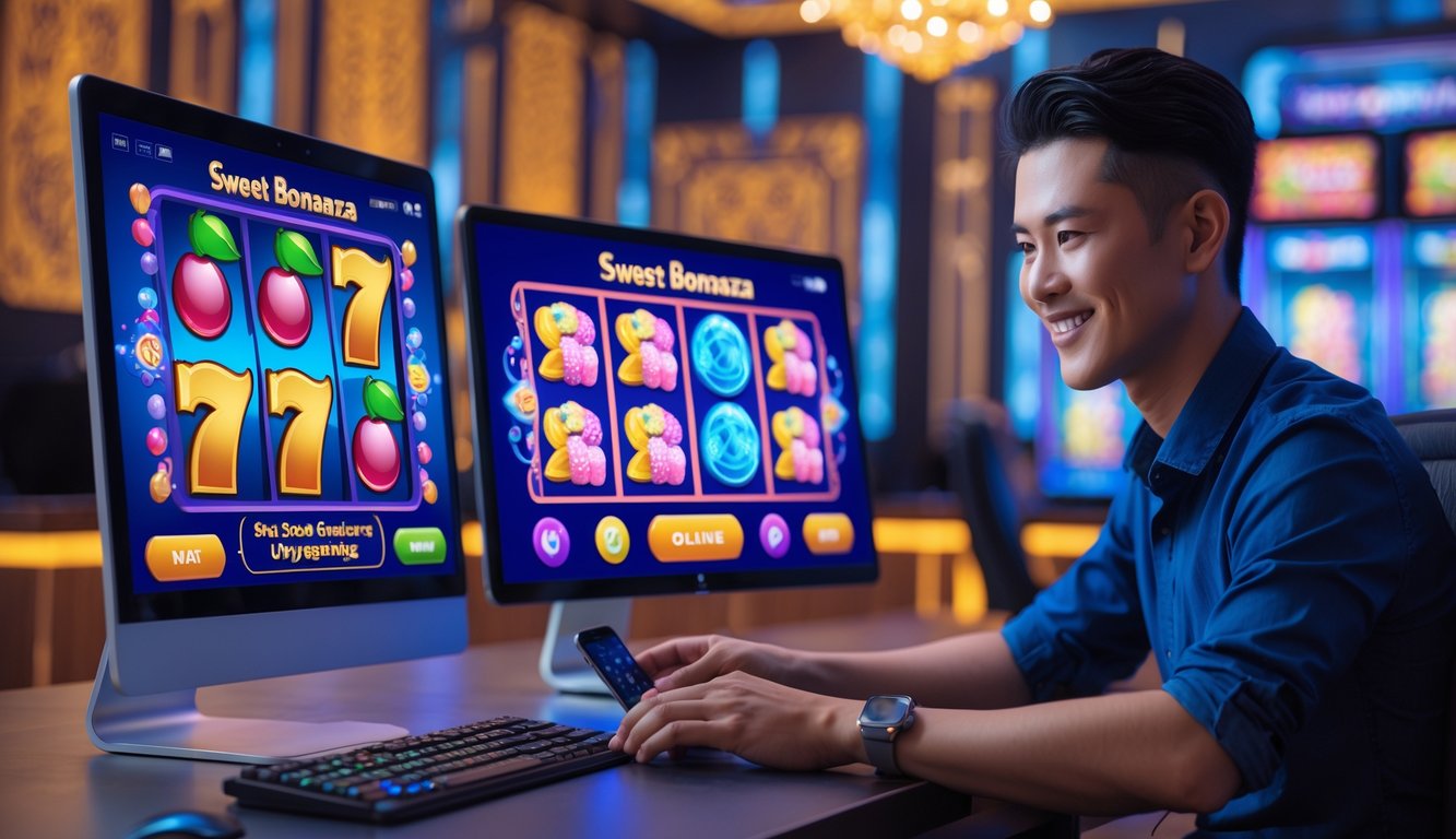 Seorang pria tersenyum menggunakan komputer dan ponsel dengan tampilan permainan slot online bertema manisan di ruangan yang nyaman dengan dekorasi tradisional Indonesia.