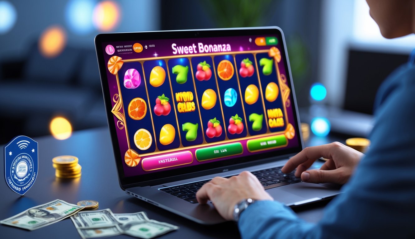 Seorang pemain menggunakan perangkat komputer dengan layar menampilkan permainan slot Sweet Bonanza yang penuh warna dan simbol buah serta permen.