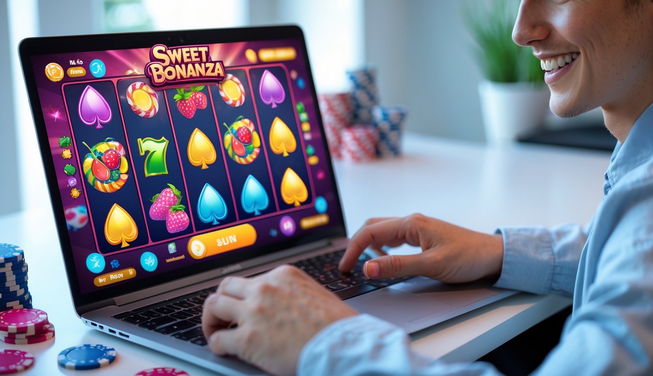 Seorang dewasa muda tersenyum sambil menggunakan laptop dengan tampilan permainan slot warna-warni di meja yang bersih dan terang.