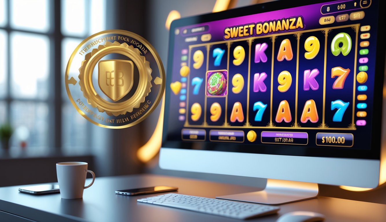 Sebuah layar komputer menampilkan permainan slot online Sweet Bonanza dengan simbol warna-warni dan indikator jackpot, di atas meja kerja yang rapi dengan cangkir kopi dan ponsel di sampingnya.