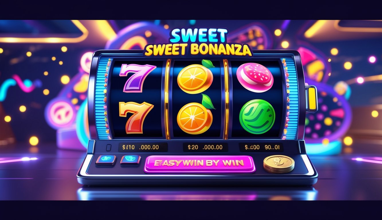 Antarmuka mesin slot online dengan simbol buah dan permen berwarna-warni di layar komputer, menampilkan suasana permainan yang dinamis dan menarik.