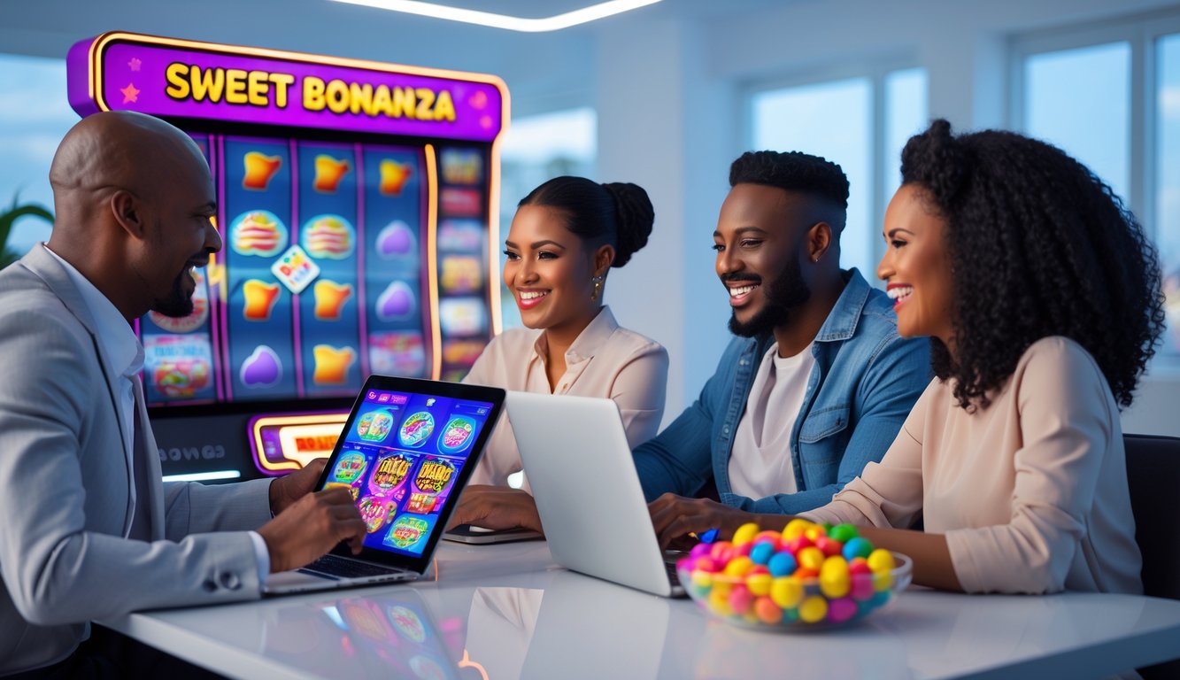 Sekelompok orang dewasa sedang bermain permainan slot online Sweet Bonanza menggunakan laptop dan tablet di ruangan yang terang dan modern.