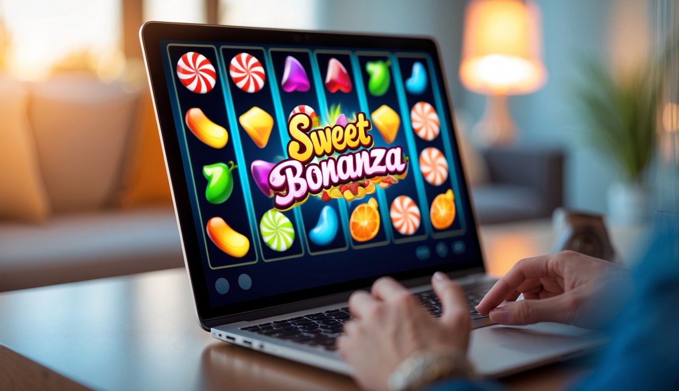 Tangan seseorang sedang menggunakan laptop dengan tampilan permainan slot warna-warni di layar dalam ruangan yang nyaman dan terang.