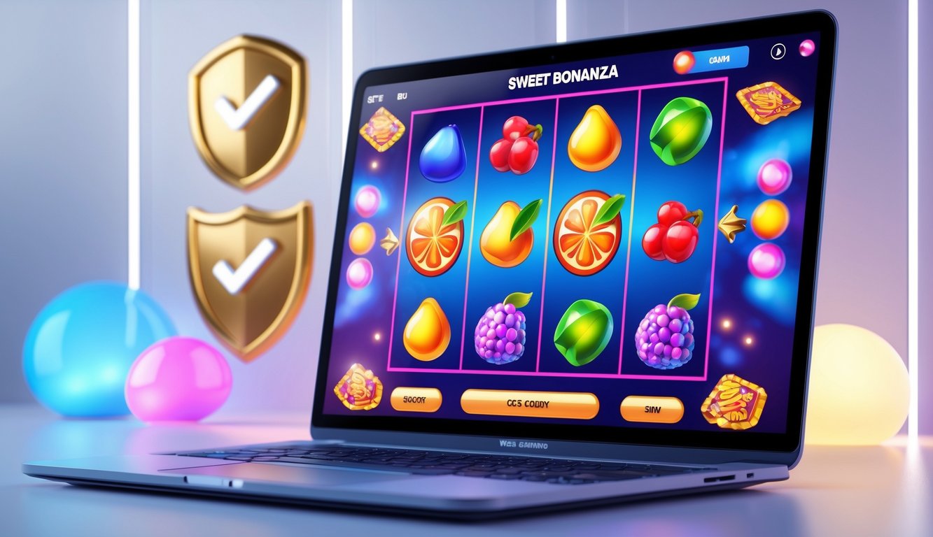 Gambar komputer modern menampilkan permainan slot Sweet Bonanza dengan simbol permen dan buah berwarna-warni, dikelilingi oleh elemen yang menunjukkan kepercayaan dan keamanan.
