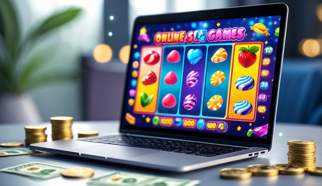 Seseorang menggunakan perangkat digital untuk bermain permainan slot online dengan tema permen dan buah-buahan, dikelilingi oleh koin dan uang kertas.