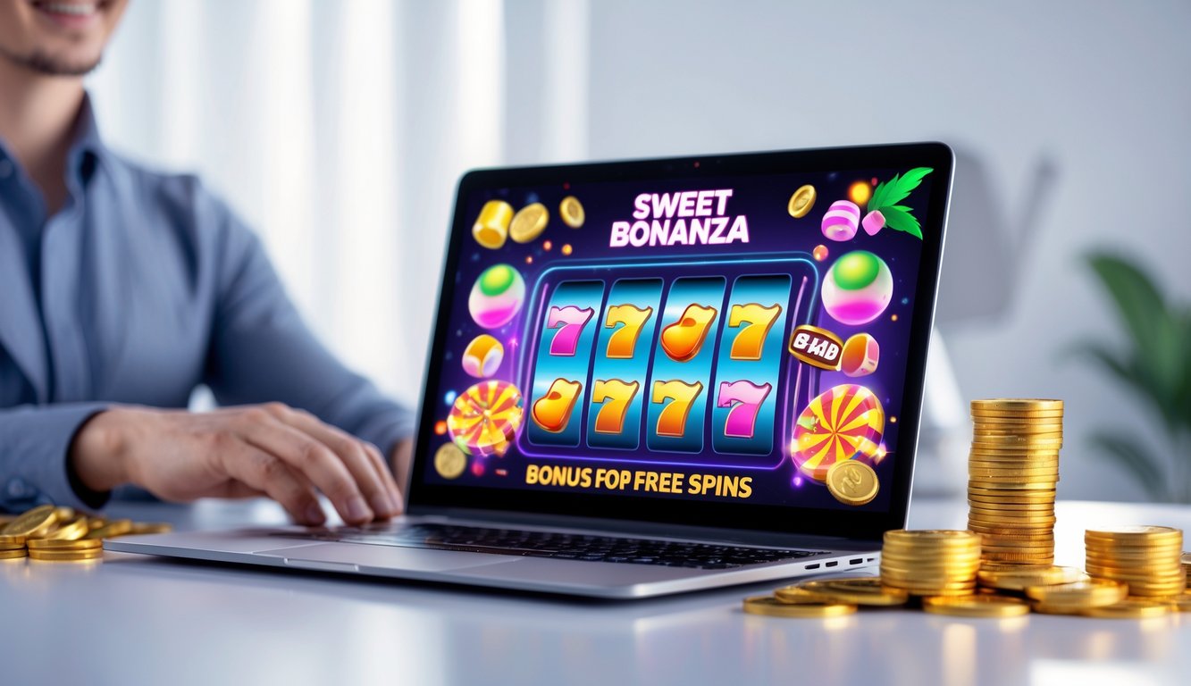 Seorang pengguna komputer sedang bermain permainan slot online dengan simbol permen dan buah yang berwarna-warni di layar, dikelilingi koin emas di meja.