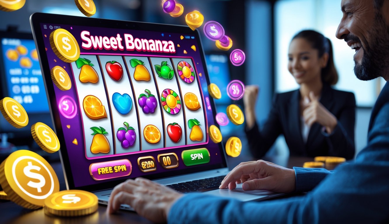 Seorang pemain dewasa sedang bermain permainan slot Sweet Bonanza di komputer dengan suasana ruangan yang terang dan modern.