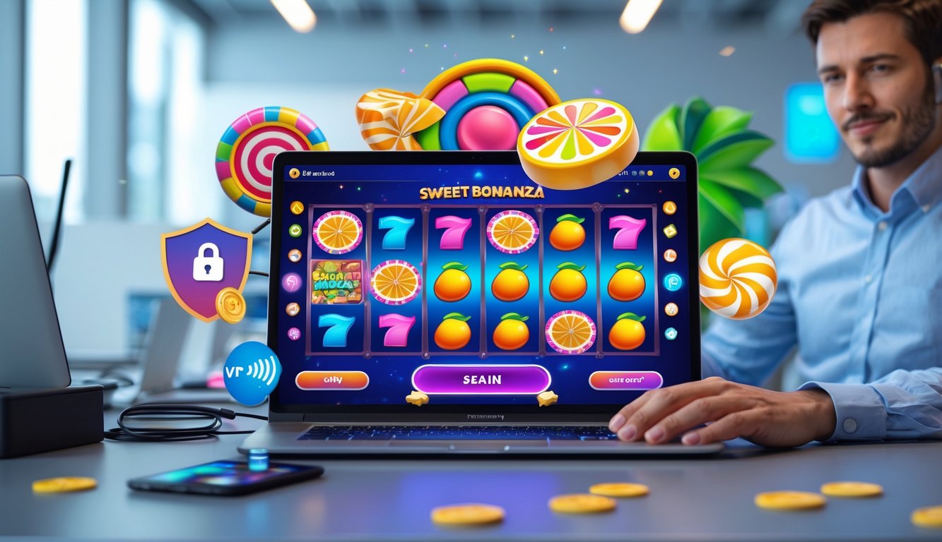Seorang pemain menggunakan laptop dengan tampilan permainan slot berwarna-warni dan simbol permen serta buah, di ruang kerja yang rapi dengan ikon keamanan dan metode pembayaran digital di sekitar.
