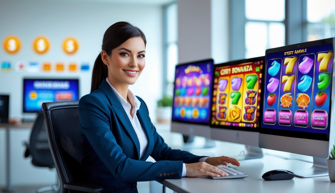 Seorang staf layanan pelanggan yang percaya diri duduk di depan komputer dengan layar menampilkan permainan slot berwarna-warni, di ruang kantor modern yang terang dan rapi.