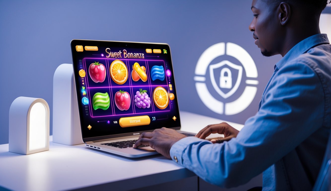 Seseorang menggunakan laptop dengan tampilan permainan slot online berwarna-warni di layar, di meja kerja yang rapi dengan latar belakang digital yang modern.