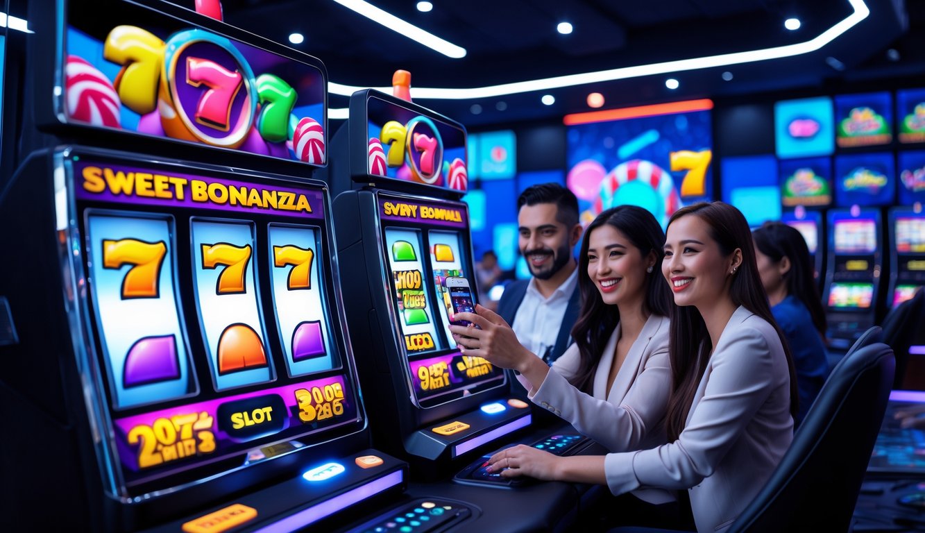 Suasana ruang permainan online dengan mesin slot digital bertema permen yang berwarna-warni dan beberapa pemain yang sedang menikmati permainan.