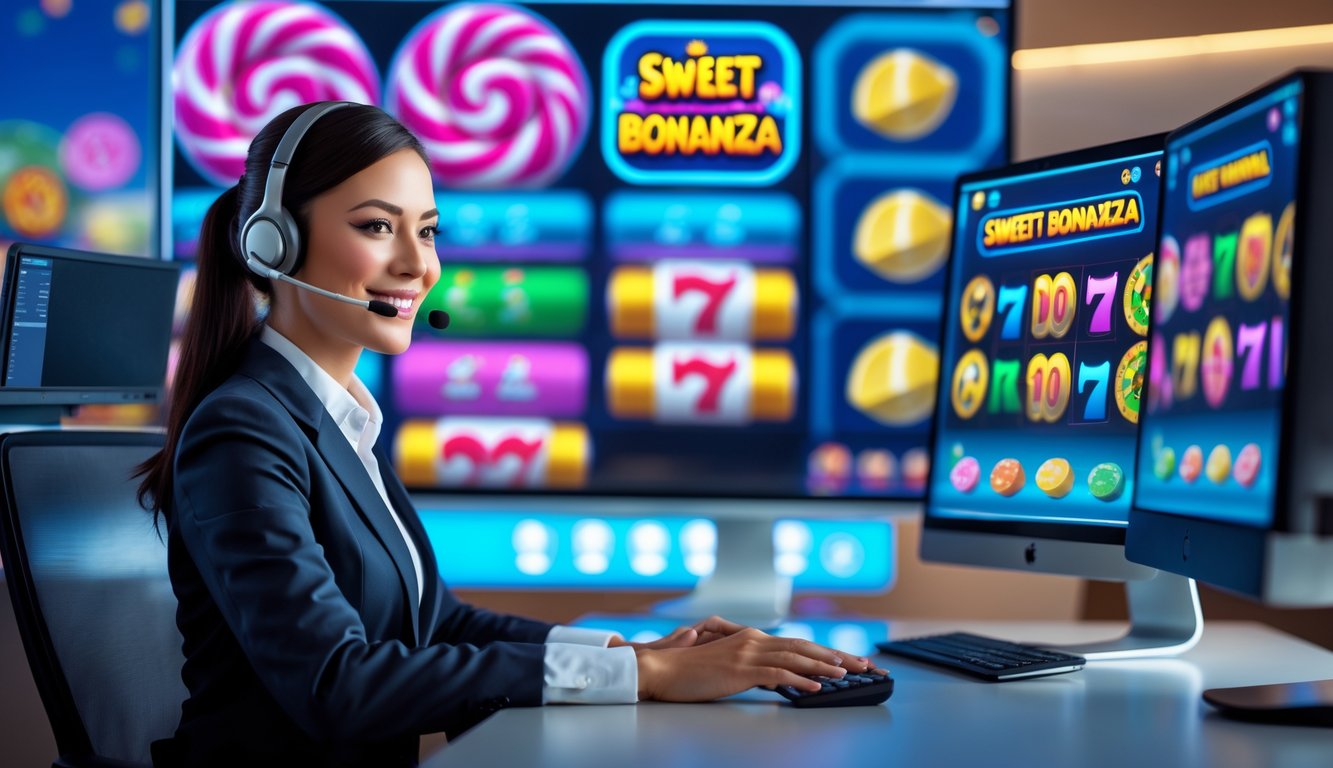 Seorang agen layanan pelanggan sedang bekerja dengan komputer yang menampilkan permainan slot Sweet Bonanza di layar.