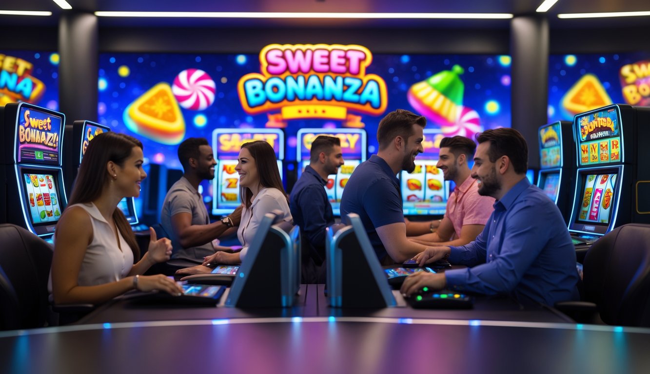 Beberapa orang bermain mesin slot online di sebuah ruangan modern dengan suasana cerah dan penuh warna.