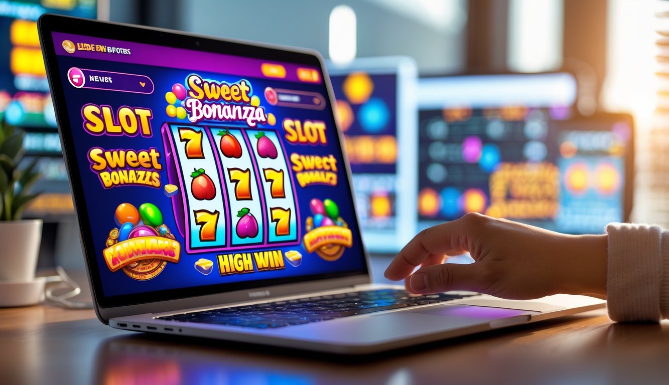 Seseorang menggunakan komputer dengan layar menampilkan permainan slot online berwarna-warni, suasana modern dan profesional.