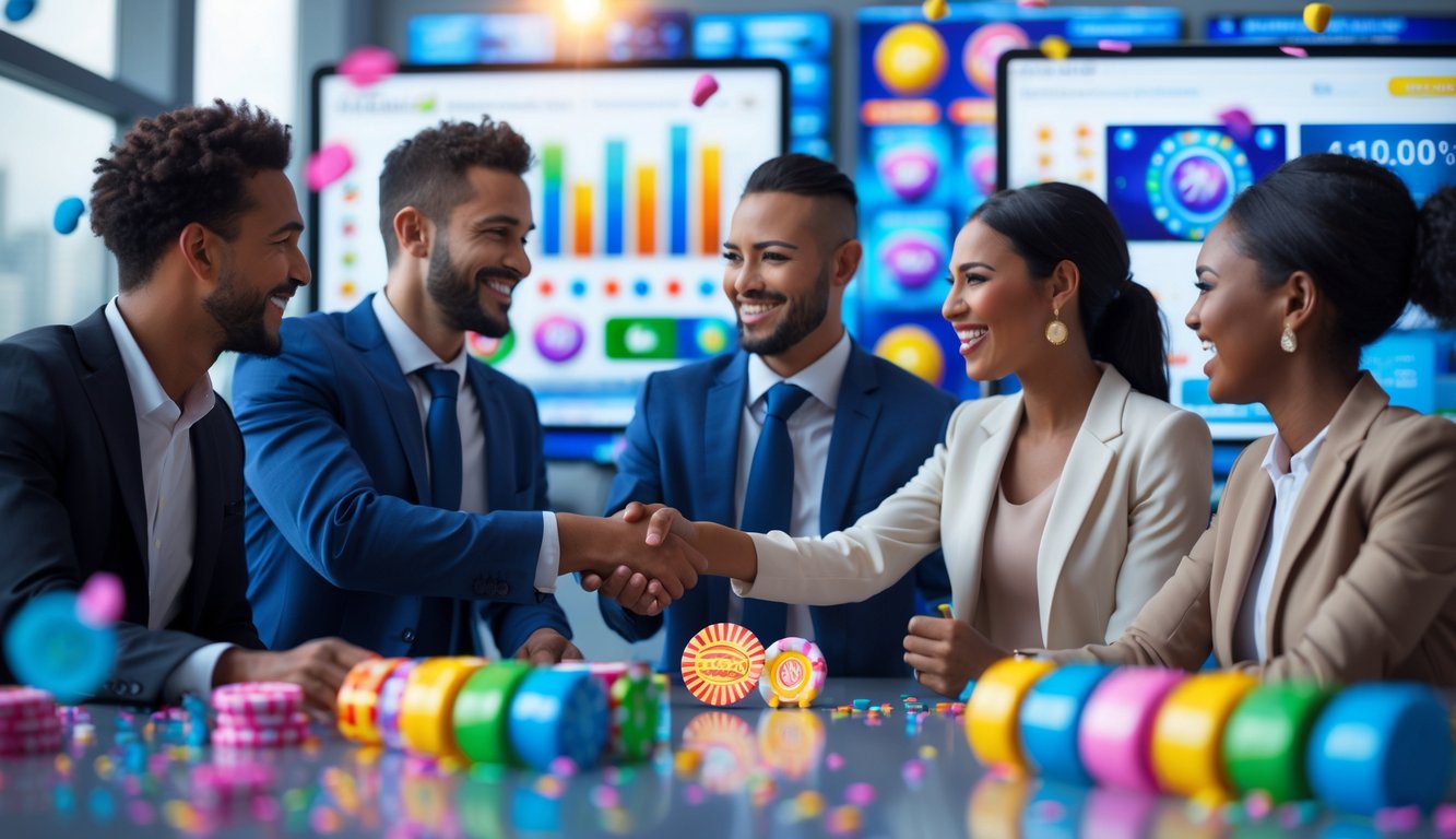 Sekelompok orang tersenyum dan berjabat tangan di kantor modern dengan latar belakang elemen permainan slot online bertema permen.