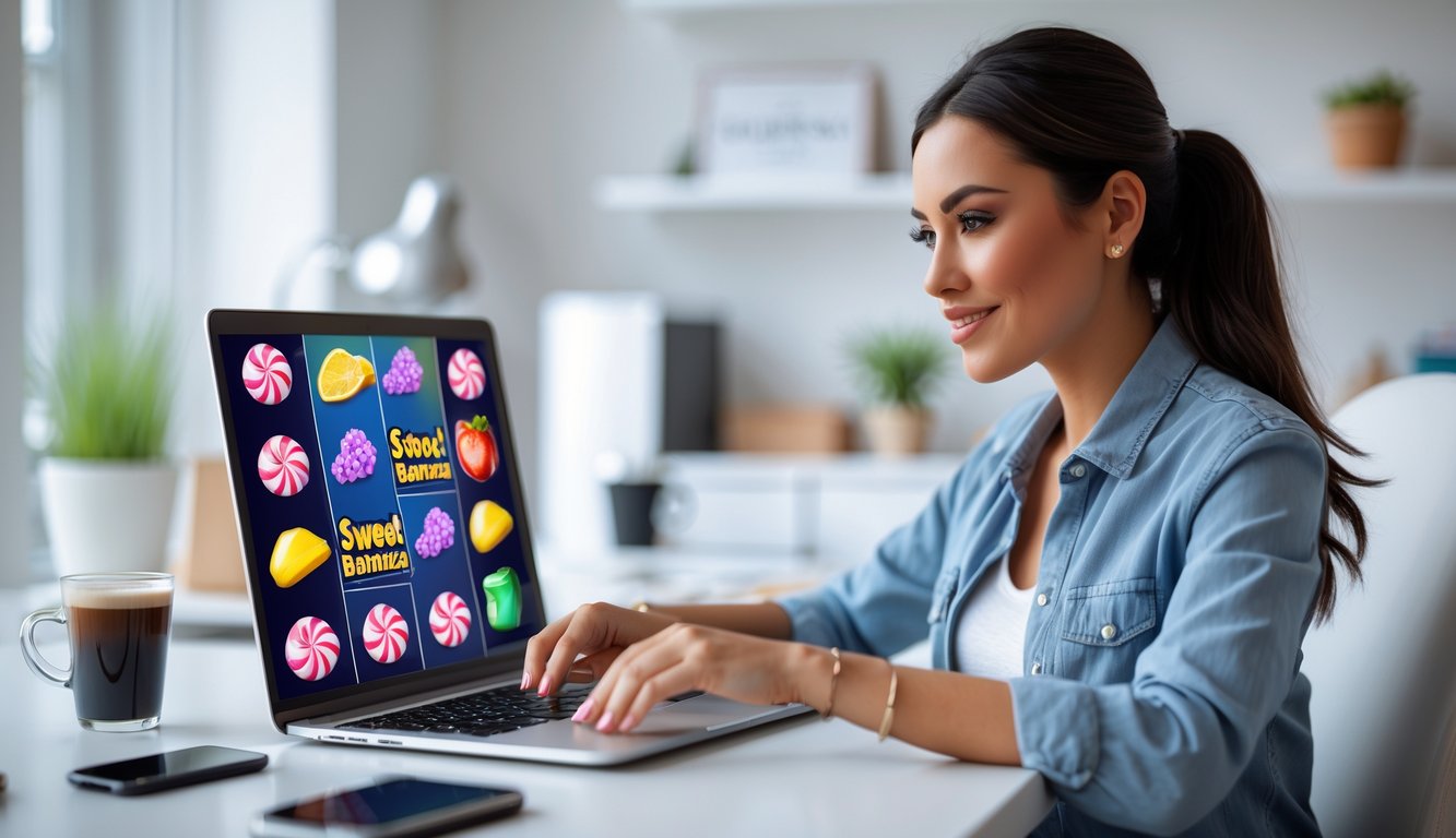 Seorang wanita muda duduk di meja dengan laptop, bermain permainan slot online bertema permen berwarna-warni di layar.