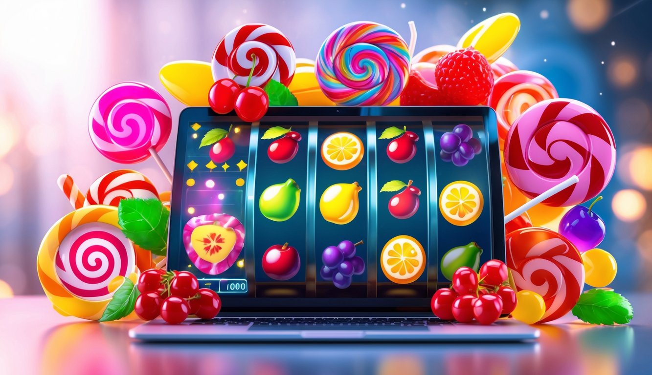 Layar laptop yang menampilkan permainan slot online dengan simbol permen dan buah berwarna-warni di sekitarnya.