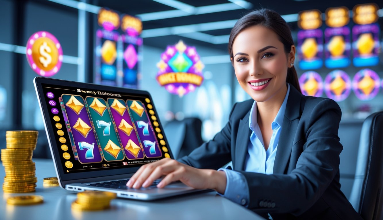 Seorang agen judi online tersenyum di depan laptop dengan tampilan permainan slot warna-warni di kantor modern.