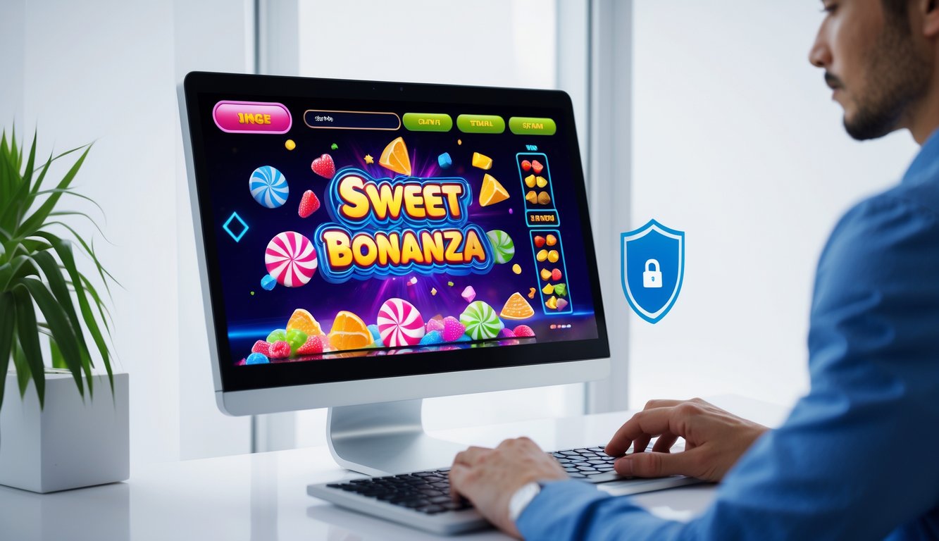 Seorang pengguna sedang bermain permainan slot online di komputer dengan latar belakang yang bersih dan cerah, menunjukkan suasana aman dan terpercaya.