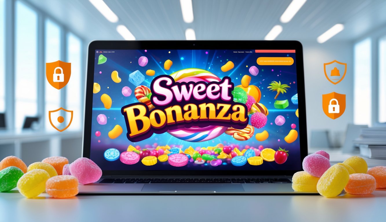 Seorang pengguna sedang bermain permainan slot Sweet Bonanza di komputer dengan latar belakang ruang kerja modern yang terang dan aman.