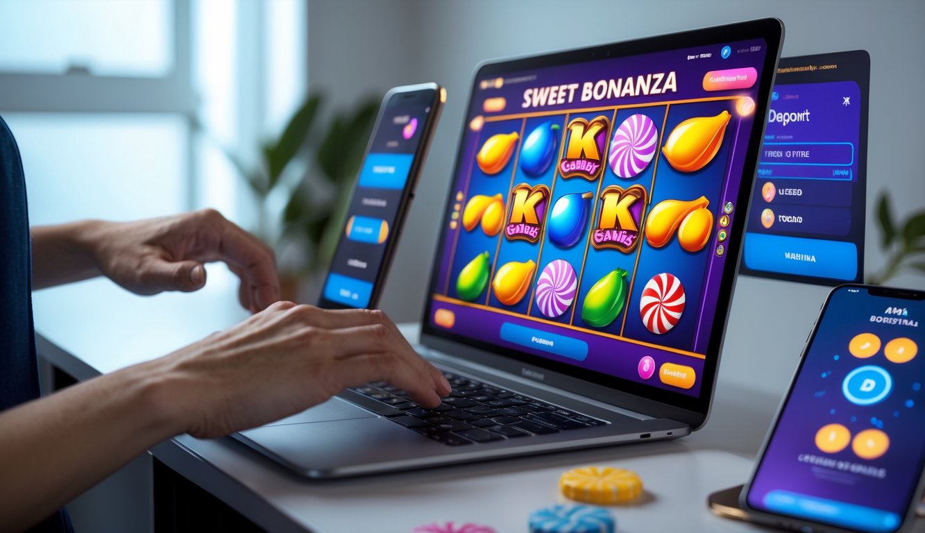 Seseorang menggunakan komputer dengan tampilan permainan slot online bertema permen dan buah, di samping ada ponsel yang menunjukkan proses transaksi cepat.