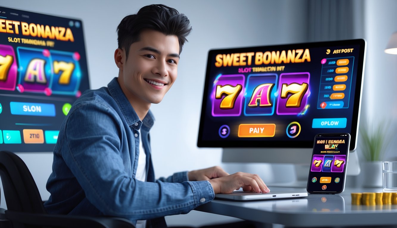 Seorang dewasa muda tersenyum duduk di meja dengan laptop dan ponsel yang menampilkan permainan slot online dan simbol transaksi cepat.