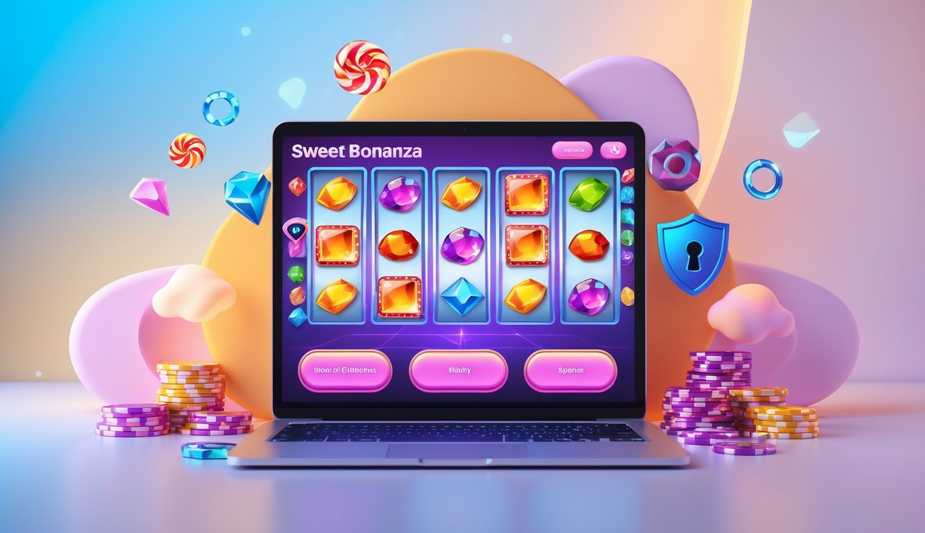 Layar perangkat digital menampilkan permainan slot online dengan simbol permen dan buah berwarna-warni, dikelilingi ikon keamanan yang menunjukkan platform terpercaya.