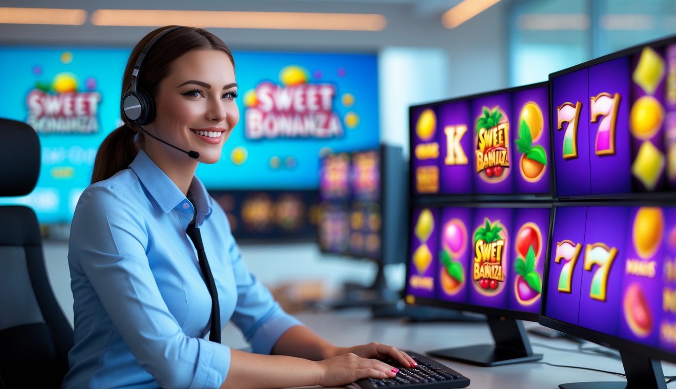 Seorang agen layanan pelanggan yang percaya diri dan ramah duduk di depan layar komputer dengan grafik permainan slot warna-warni, di ruang kantor modern yang terang.