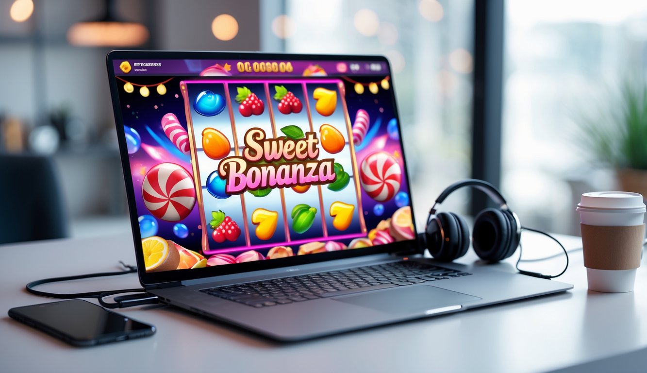Sebuah meja kerja dengan komputer yang menampilkan permainan slot online bertema permen dan buah, dikelilingi oleh aksesori gaming seperti ponsel dan headphone.