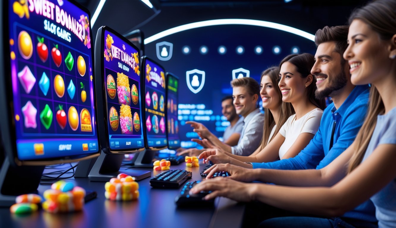 Beberapa orang muda sedang bermain permainan slot online dengan layar komputer berwarna-warni di lingkungan yang cerah dan modern.