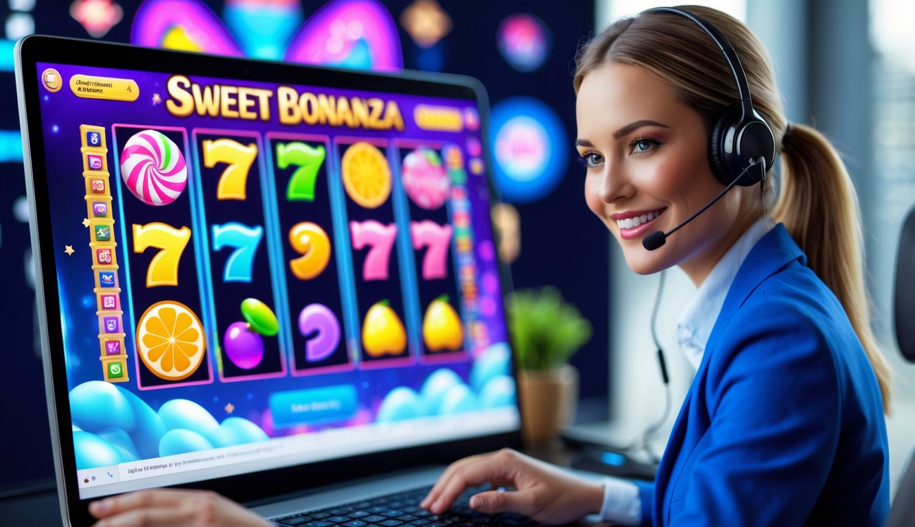 Seorang perwakilan dukungan pelanggan dengan headset sedang membantu pengguna di depan komputer yang menampilkan permainan slot online berwarna-warni.