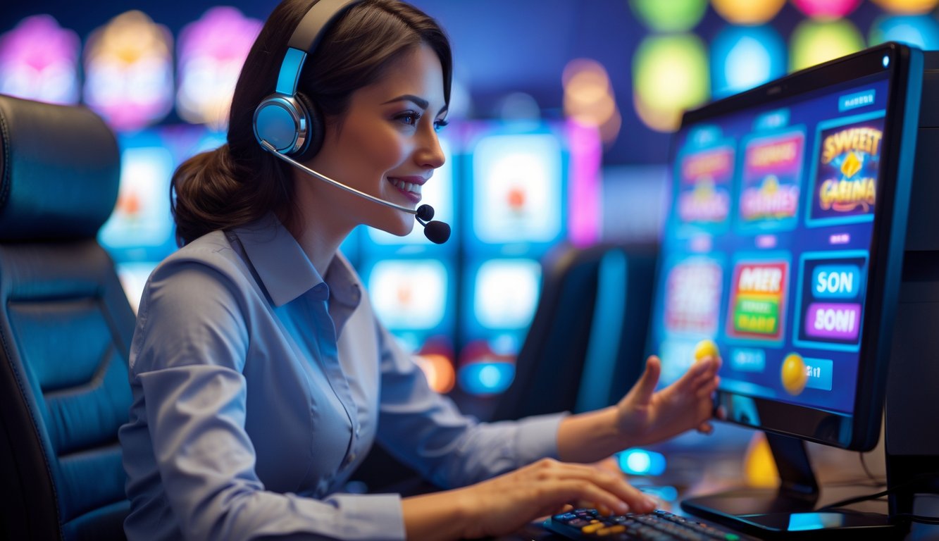 Seorang agen dukungan pelanggan yang ramah sedang menggunakan headset dan bekerja dengan komputer di lingkungan perjudian online.