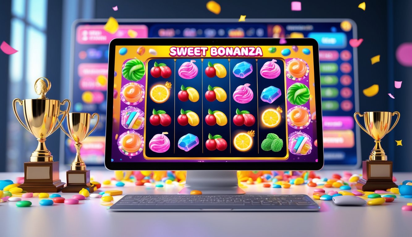 Layar perangkat digital menampilkan permainan slot online dengan simbol buah dan permen, dikelilingi oleh trofi digital dan papan peringkat turnamen.