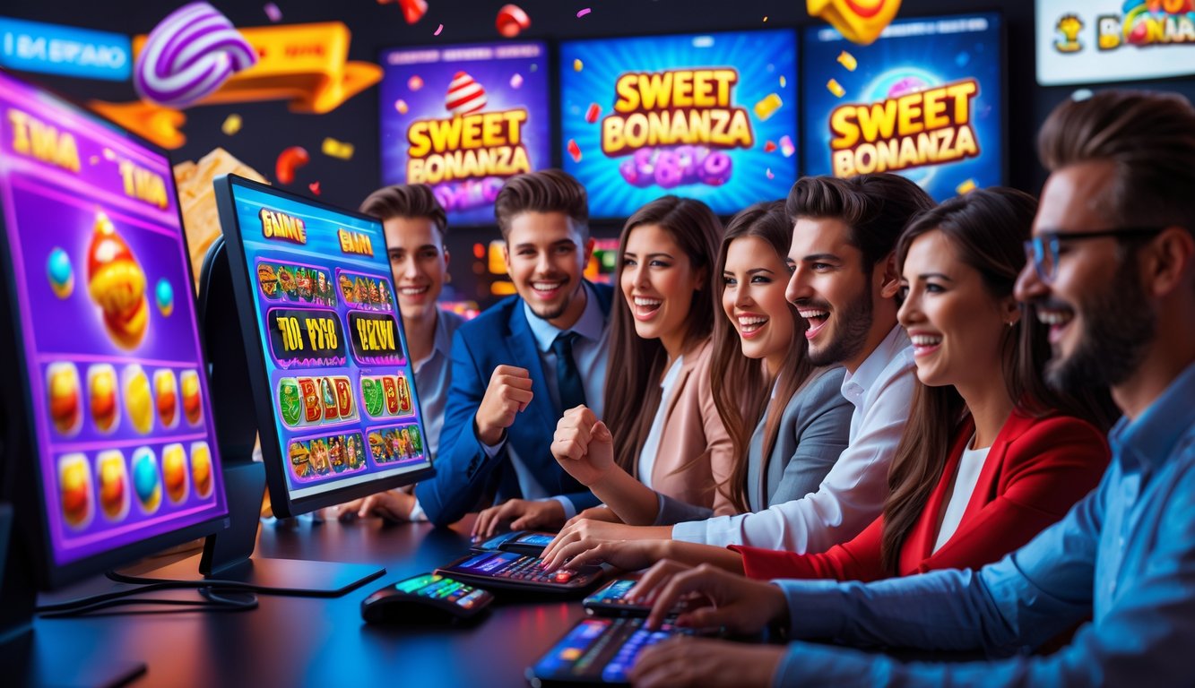 Sekelompok orang muda yang antusias bermain permainan slot online Sweet Bonanza di komputer dan ponsel dengan latar belakang suasana turnamen dan acara menarik.