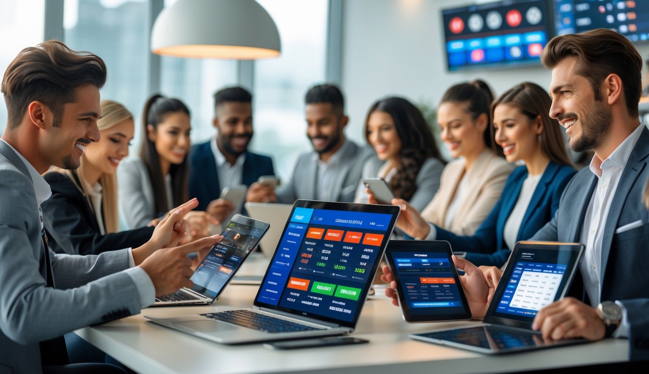 Sekelompok orang muda menggunakan perangkat digital untuk bertaruh pada berbagai olahraga secara online di ruang modern yang terang.