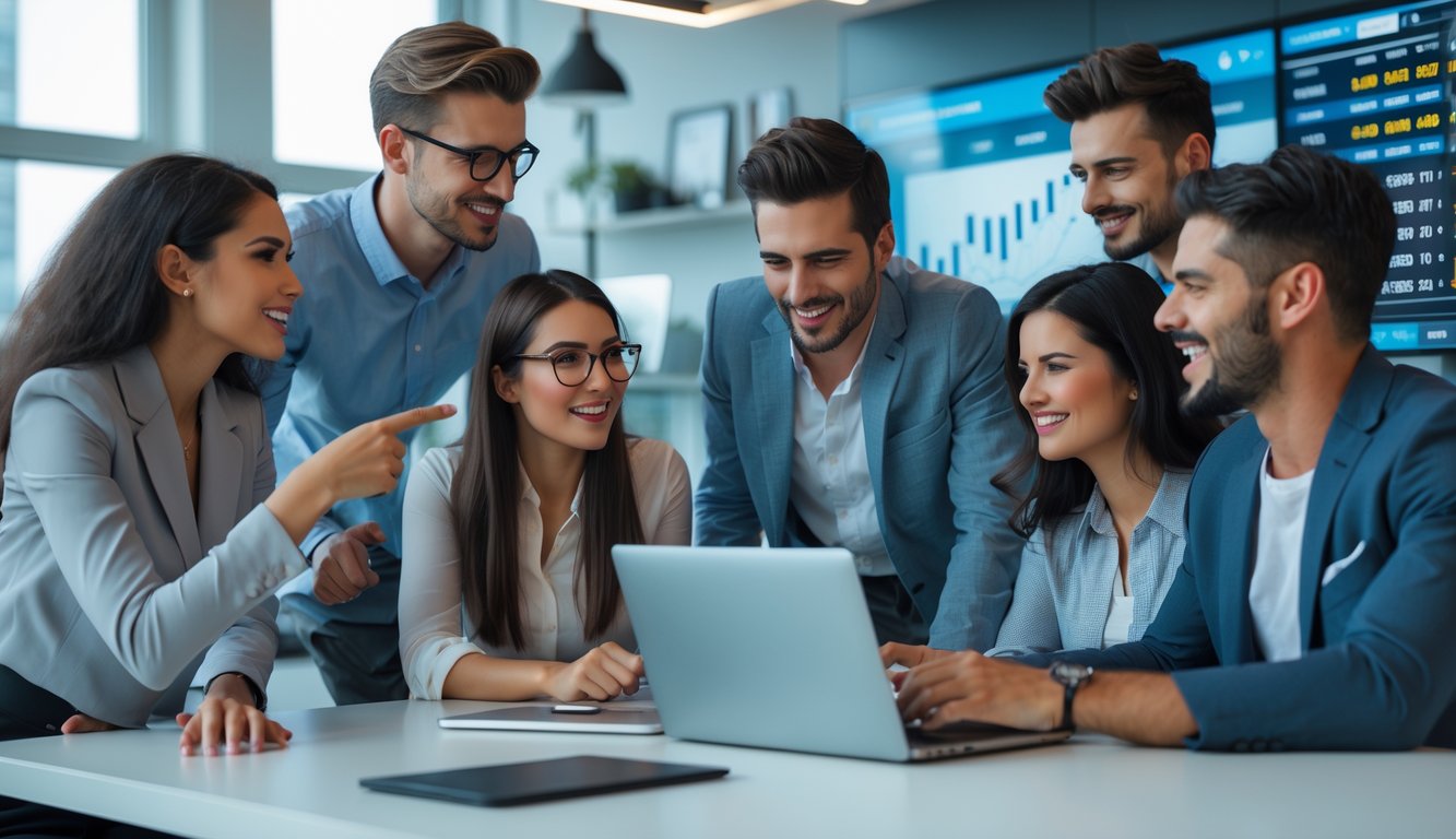 Sekelompok orang muda yang percaya diri sedang berdiskusi di sekitar laptop di kantor modern, menampilkan suasana taruhan olahraga online yang profesional dan terpercaya.