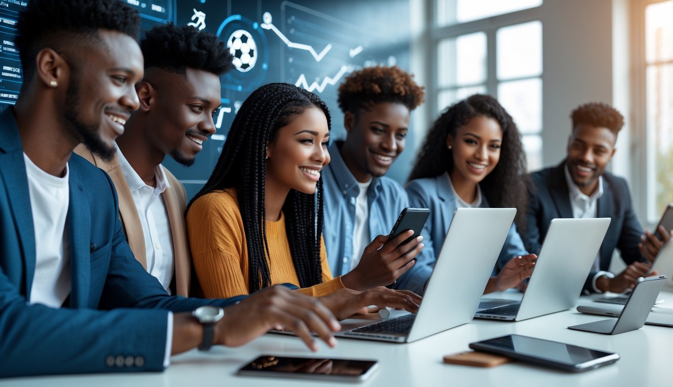 Sekelompok orang muda yang percaya diri menggunakan perangkat digital di kantor modern, dengan latar belakang elemen olahraga dan teknologi yang menunjukkan taruhan olahraga online yang aman dan resmi.