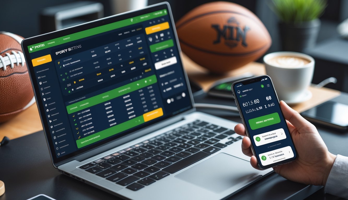 Sebuah meja kerja modern dengan laptop dan ponsel yang menampilkan aktivitas taruhan olahraga online dan konfirmasi pembayaran cepat.