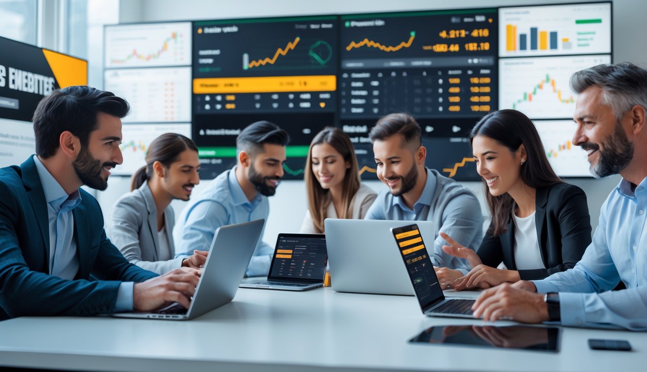 Orang-orang menggunakan perangkat digital untuk memasang taruhan pada pertandingan sepak bola internasional di sebuah kantor modern.