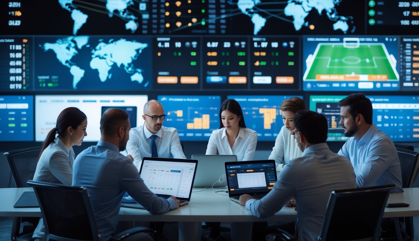 Orang-orang bekerja di kantor modern dengan layar besar menampilkan pertandingan sepak bola internasional dan data taruhan.