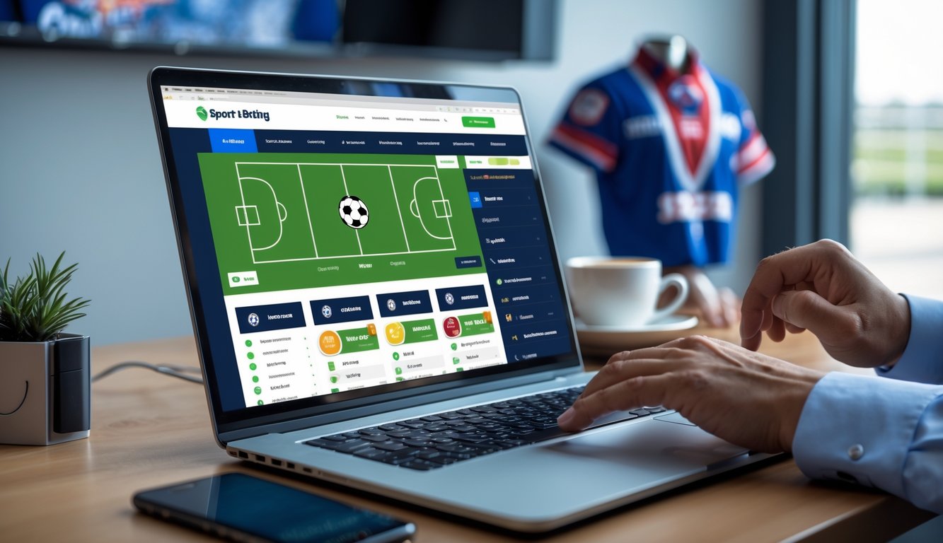 Seseorang menggunakan laptop di meja kerja dengan tampilan situs taruhan olahraga online dan ikon berbagai cabang olahraga.