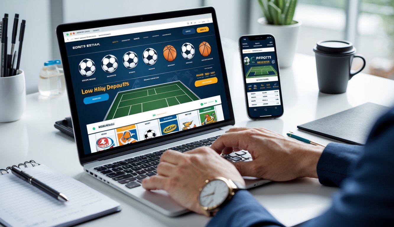 Seseorang menggunakan laptop dan ponsel untuk memasang taruhan olahraga online di meja kerja dengan secangkir kopi.