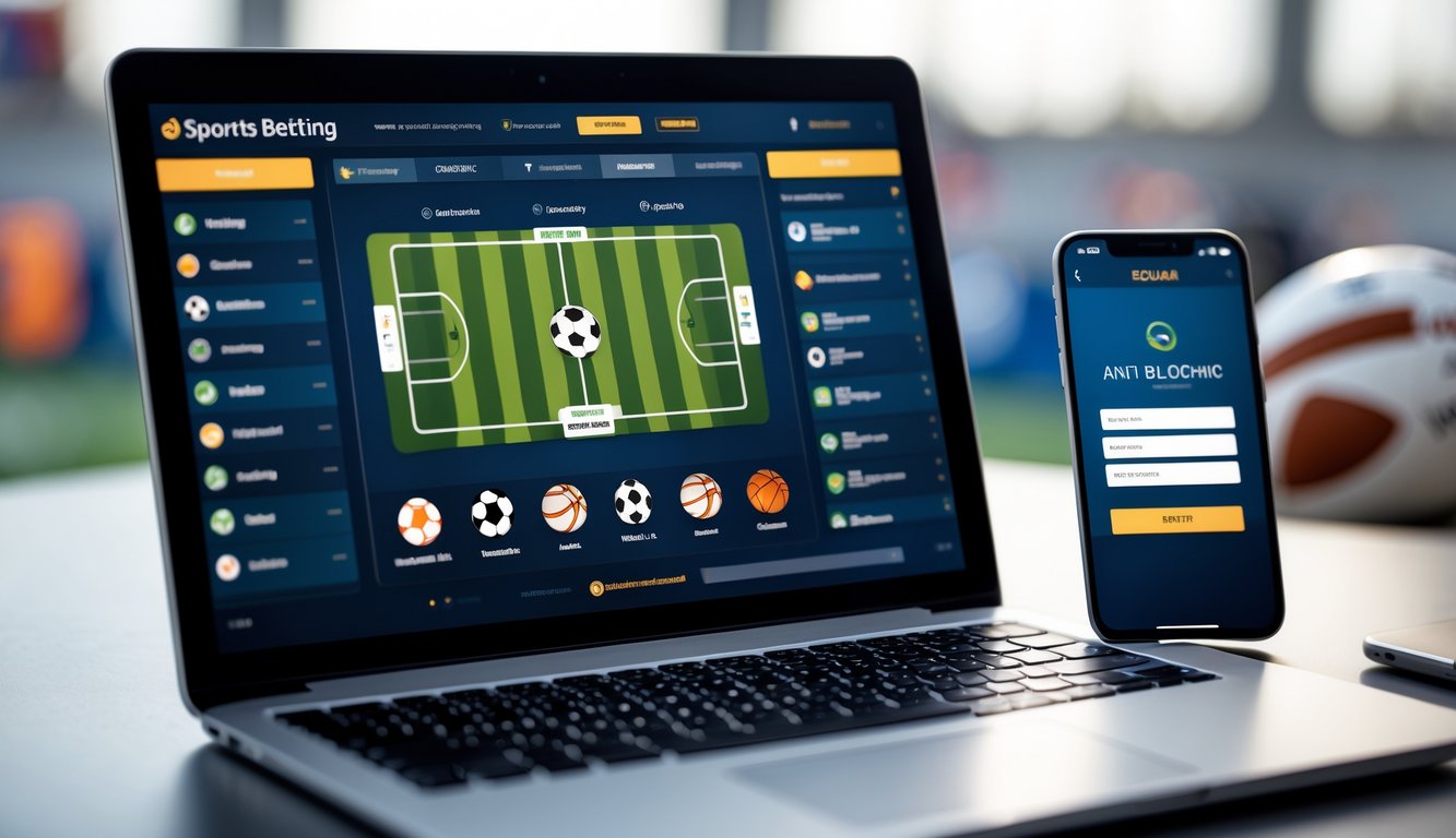 Meja kerja dengan laptop dan ponsel yang menampilkan antarmuka taruhan olahraga online, dengan latar belakang suasana olahraga.
