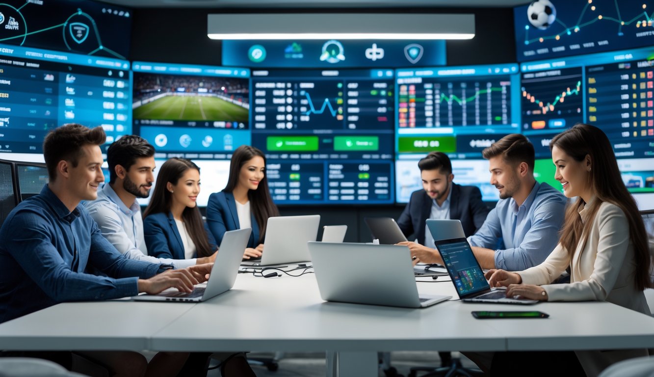 Orang-orang muda sedang menggunakan komputer dan ponsel di ruang kerja modern dengan layar besar menampilkan acara olahraga dan data taruhan.