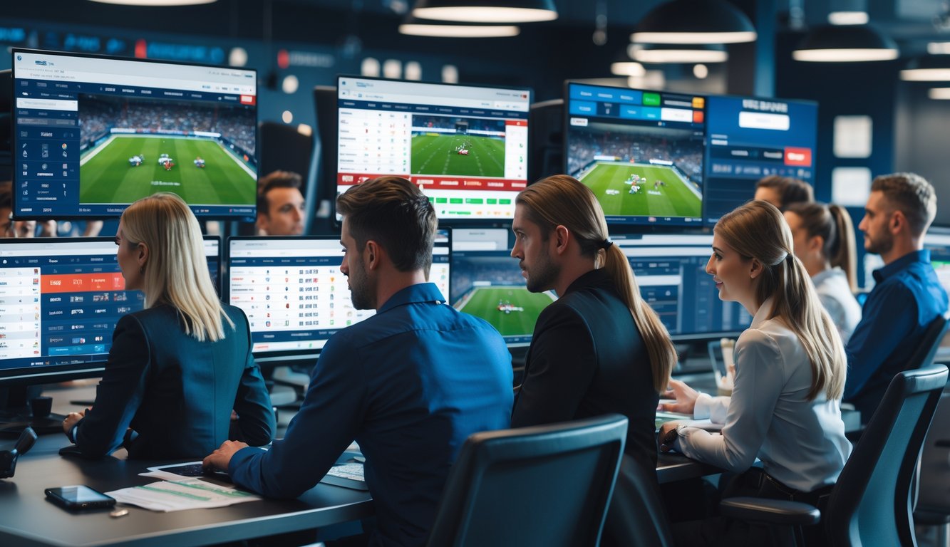 Orang-orang yang sedang bertaruh olahraga secara online menggunakan komputer dengan tampilan pertandingan olahraga langsung di layar.