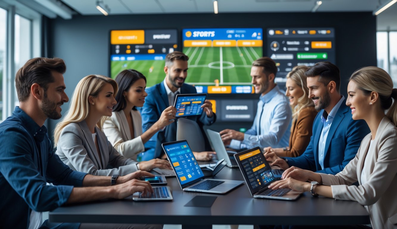 Beberapa orang menggunakan perangkat digital untuk memasang taruhan olahraga secara online dengan layar besar menampilkan pertandingan olahraga secara langsung.