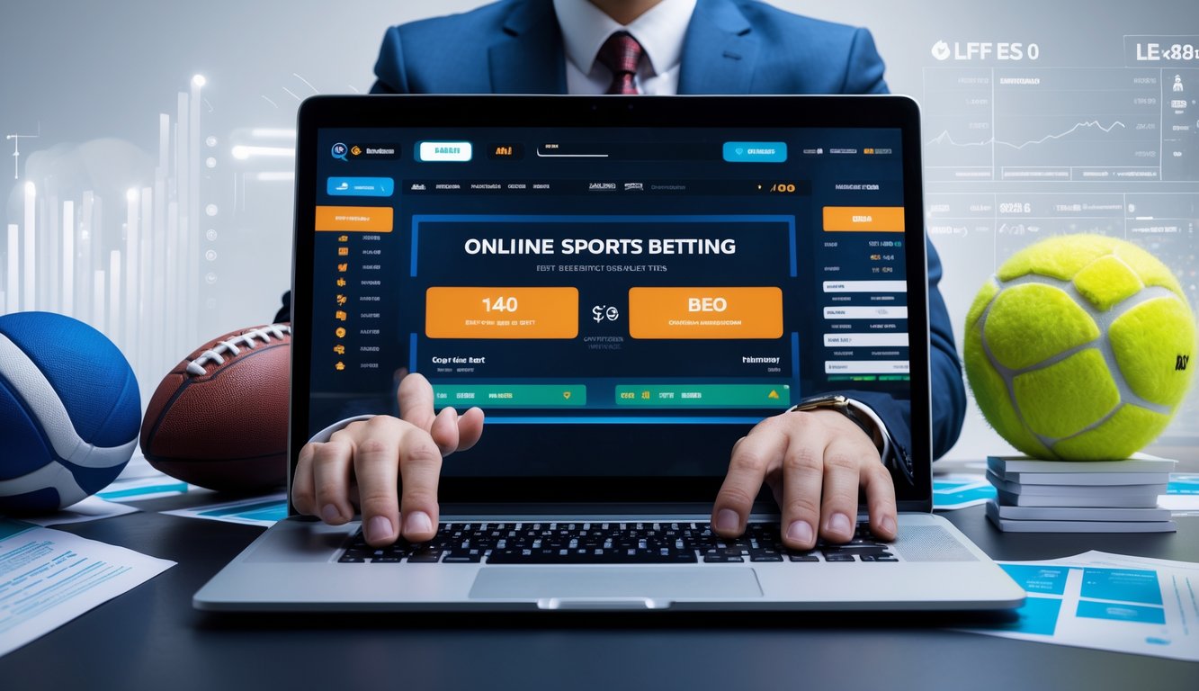 Seseorang menggunakan laptop di meja kerja dengan bola olahraga di sekitarnya, menunjukkan aktivitas taruhan olahraga online.