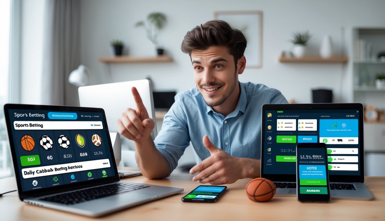 Seorang pria muda sedang menggunakan laptop dan ponsel di ruang kerja rumah, menampilkan antarmuka taruhan olahraga online dengan ikon berbagai olahraga dan notifikasi bonus cashback.